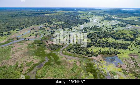 Luftaufnahme der typischen Pantanal Feuchtgebiete Landschaft mit Lagunen, Wäldern, Wiesen, Flüssen, Feldern und Stockfoto