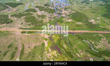 Aus der Vogelperspektive auf Transpantaneira unbefestigte Straßen in der typischen Pantanal Feuchtlandschaft mit Lagune Stockfoto