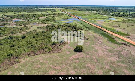 Luftaufnahme von Transpantaneira durch die typische Landschaft der Pantanal Wetlands, Mato Grosso, Brasilien Stockfoto