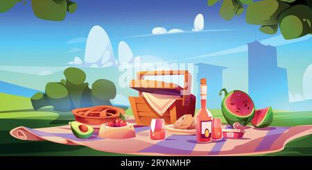 Picknick auf dem Rasen im Stadtpark. Vektor-Karikaturillustration von Esskorb, frischem Obst und appetitlichem Kuchen, Flasche Wein und Gläser auf Tuch, romantisches Datum vor dem Hintergrund der modernen Stadtlandschaft Stock Vektor