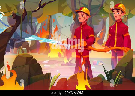 Feuerwehrleute mit Löschschlauch im Wald. Vektor-Cartoon-Illustration von zwei männlichen Charakteren in Uniform, die Wasser auf das Waldfeuer gießen, verursacht durch Lagerfeuer und Müll, der auf der Glade zurückgelassen wird, Rauch in der Luft Stock Vektor