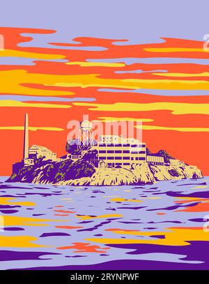 Alcatraz Island in der Abenddämmerung in San Francisco Kalifornien WPA Art déco-Poster Stockfoto