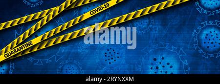 Abstrakter blauer Grunge-Hintergrund mit COVID-19-Coronavirus-Bakterienzellen und Gefahrenbändern. Quarantänevektor-Banner-Design Stock Vektor