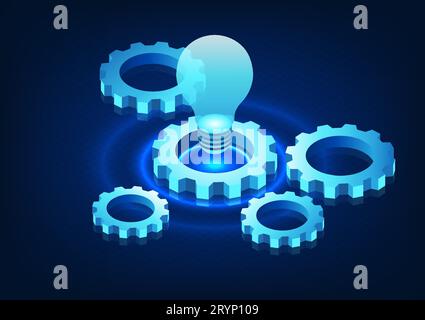 Zahnradtechnik mit Glühbirnen auf Zahnrädern bezieht sich auf weitere Informationen aus dem Internet-Netzwerk, um Probleme zu lösen und kreative ide zu erstellen Stock Vektor