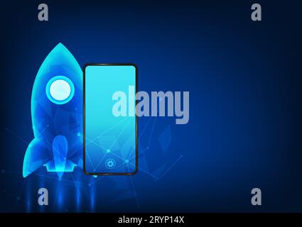 Smartphone-Technologie zusammen mit der Rakete an der Seite mit interessanten Elementen. Ein sich schnell weiterentwickelndes Mobiltechnologiekonzept, das Arbeit ermöglicht Stock Vektor
