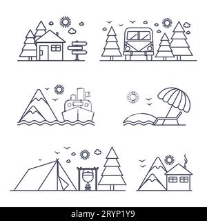 Satz einfacher Reisesymbole. Urlaub Wandern in den Bergen und Resort in Natur Icon Sammlung. Vektorlinien Stock Vektor