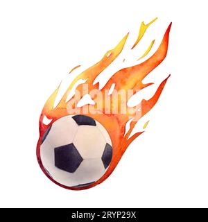 Aquarellzeichnung eines fliegenden Fußballballs schwarz-weiß mit orangefarbener feuriger Flamme. Gruselig bemalte Kugel isoliert auf weißem Hintergrund. Für Logo Stockfoto