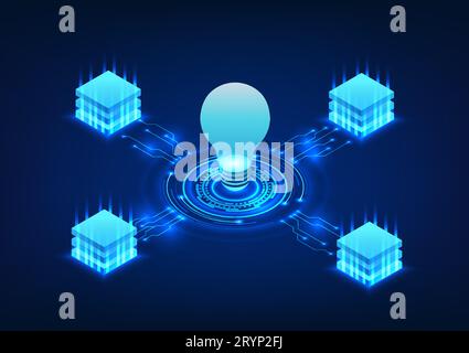 Glühlampentechnologie mit einer Glühlampe in der Mitte, die mit dem Server verbunden ist, ermöglicht den Einsatz von Technologie, um Ideen zu finden und Proben zu lösen Stock Vektor