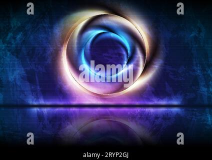 Buntes blau-orange leuchtende Kreise an der Grunge-Wand. Abstrakter Technologiefaktor Hintergrund Stock Vektor