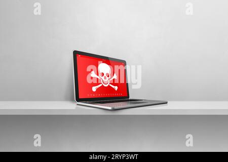 Laptop in einem Regal mit Piratensymbol auf dem Bildschirm. Hacking-Konzept Stockfoto