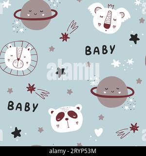 Nahtloses kindliches Muster mit lustigen Tiergesichtern und Planeten. Stock Vektor