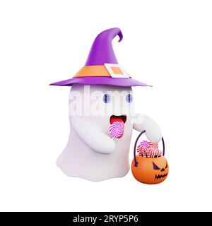 3D-Geist mit einem lila Hexenhut, der einen Kürbiskorb mit Süßigkeiten und einen Lutscher im Mund hält. Perfekt für die Halloween-Saison Stockfoto