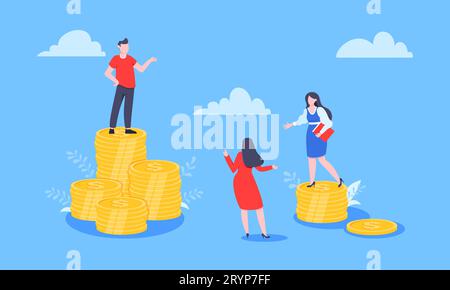 Lohnunterschiede und geschlechtsspezifische Unterschiede zwischen Frauen und Männern Business Concept Flat Style Design Vektor Illustration. Mann und Frau stehen auf der Höhe des Mons Stock Vektor