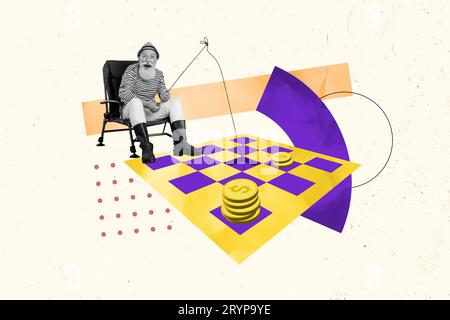 Kreatives Collagenbild des positiven alten Mannes fisher Schach spielt Geld Überfluss Finanzier Ökonom Trader Magazin Sketch Artwork Stockfoto