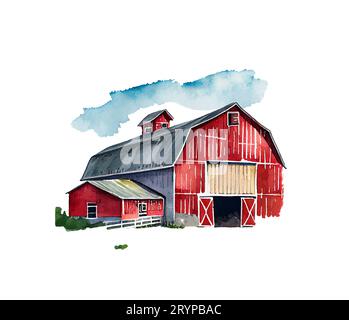 Rote Farm House Scheune. Aquarellillustration Landschaft weiß isolierter Hintergrund Stockfoto