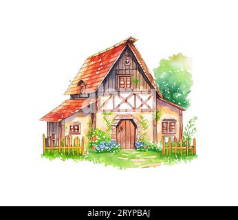 Rote Farm House Scheune. Aquarellillustration Landschaft weiß isolierter Hintergrund Stockfoto