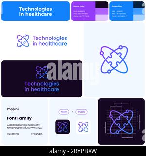 Technologien im Gesundheitswesen mit Atom- und Puzzle-Logo Stock Vektor