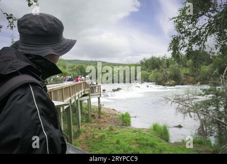 Touristen auf der Aussichtsplattform über dem Brooks River. Braunbären-Lachsfischen an den Brooks Falls. Katmai-Nationalpark. Alaska. USA. Stockfoto