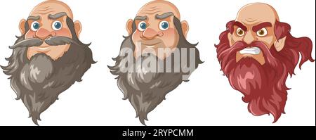 Eine Reihe von Vektorgrafiken, die einen kahlen Wikingermann mit einem langen Bart zeigen, der verschiedene Gesichtsausdrücke zeigt Stock Vektor