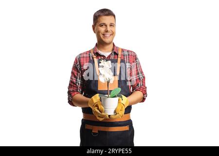 Florist mit Orchideenblüte in einem Topf isoliert auf weißem Hintergrund Stockfoto