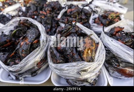 Detail des mit Holzkohle gerösteten Gemüses der Saison Stockfoto