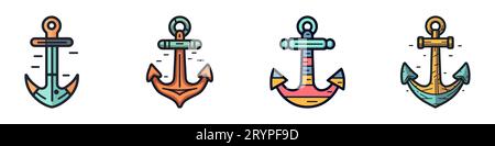 Ankersymbol. Verschiedene Formen von Ankern. Satz von Zeichentrick-Ankersymbolen. Farbige Anker. Vektorillustration. Stock Vektor