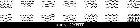 Wellenmuster mit einfachen Wasserlinien und Pinselstrichen. Ikonen von Meereswellen, Flüssen und Strandelementen. Flache Vektorillustration isoliert auf WISH Stock Vektor