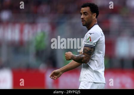 Felipe Anderson von SS Lazio blickt auf das Fußballspiel der Serie A zwischen AC Mailand und SS Lazio im Stadio Giuseppe Meazza am 30. September 2023 in Mailand, Italien. Stockfoto