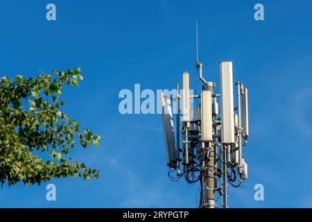 Repeater und Antenne der Basisstation neben einem grünen Baum, selektiver Fokus Stockfoto