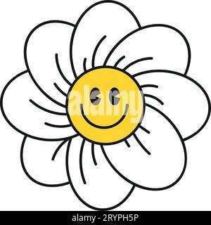 Groovy Gänseblümchen-Gesichts-Kollektion. Das Kamille-Retro-Lächeln im Cartoon-Stil. Happy Sticker von 70s. Grafische Vektordarstellung Stock Vektor