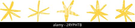 Grunge gelbe Sterne Pinselstriche und sprühe Farbe. Textur, Graffiti-Elemente und Vintage-Tintenrand. Flache Vektorillustration isoliert auf weißer Rückseite Stock Vektor