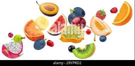 Zutaten von Obstsalat isoliert auf weißem Hintergrund Stockfoto