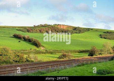 Eine Eisenbahnlinie durch die Landschaft von Cumbria, mit Vieh in den fernen Feldern. Stockfoto