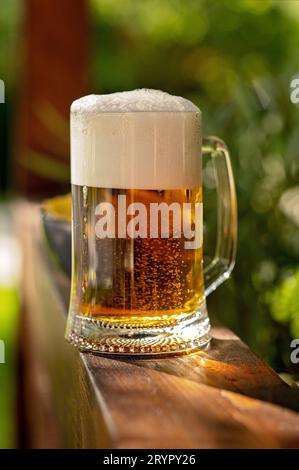 Ein Glas Bier auf einem Holztisch im Garten Stockfoto