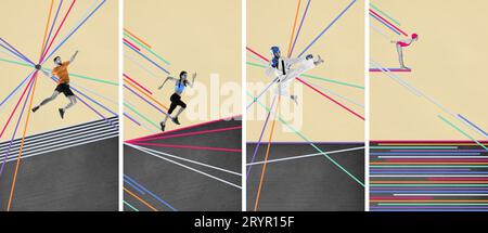 Mann und Frau, Athleten trainieren, verschiedene Sportarten auf pastellfarbenem Hintergrund mit abstrakten Designelementen. Zeitgenössische Kunst Poster. Konzept von Stockfoto