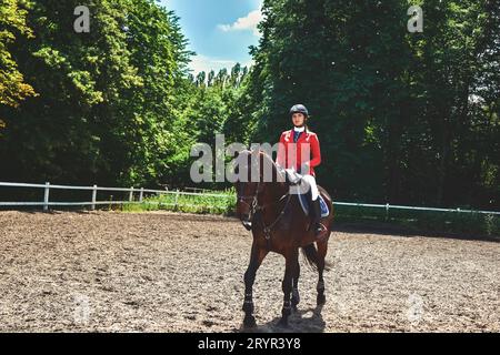 Junge hübsche Jockey Mädchen Vorbereitung Pferd für den Ausritt. Liebe Pferde. Mädchen reiten ein Pferd Stockfoto