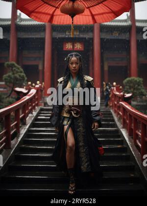 Eine asiatische Frau mit langen schwarzen Haaren, die einen traditionellen Kimono trägt, steht in einer sonnigen Außenumgebung mit ihren Händen in einer schützenden Position auf einem roten um Stockfoto