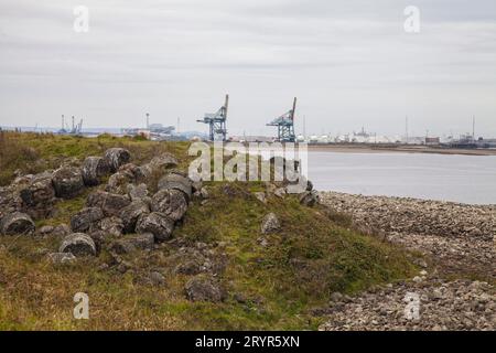 Ein Blick auf Teesport von South Gare, Redcar, England, Großbritannien mit seinem felsigen Strand und Industriekränen im Hintergrund Stockfoto