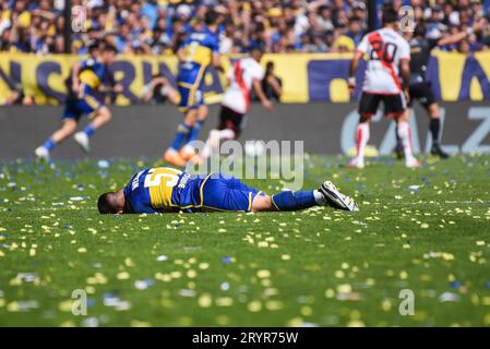 Buenos Aires, Argentinien. Oktober 2023. Marcelo Weigandt von den CA Boca Juniors während des Ligaspiels zwischen CA Boca Juniors und River Plate spielte am 1. Oktober 2023 im La Bombonera Stadium in Buenos Aires, Spanien. (Foto: Santiago Joel Abdala/PRESSINPHOTO) Credit: PRESSINPHOTO SPORTS AGENCY/Alamy Live News Stockfoto