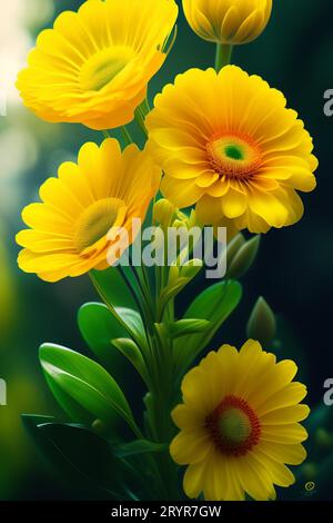 Ein lebhafter Blumenstrauß aus gelben Blumen, angeordnet in einer Glasvase, mit ein paar Wassertropfen, die auf den Blüten glitzern Stockfoto