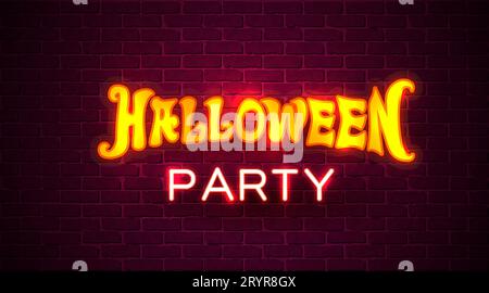 Halloween Party Neon Zeichen ob Ziegelwand Hintergrund. Retro-Stil. Vektorillustration Stock Vektor
