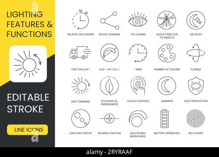Beleuchtungsmerkmale und -Funktionen, Satz von Liniensymbolen im Vektor, bearbeitbarer Strich, Staubschutz, zuverlässige Fixierung, einstellbare Helligkeit, Steuerung Stock Vektor