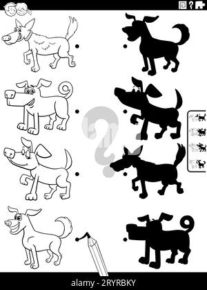 Schwarz-Weiß-Cartoon-Illustration von Match die richtigen Schatten mit Bildern Lernspiel mit lustigen Hunden Färbung Seite Stockfoto