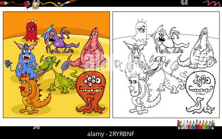 Cartoon-Darstellung lustiger Monster oder Aliens Comic-Charaktere gruppieren die Malseite Stockfoto