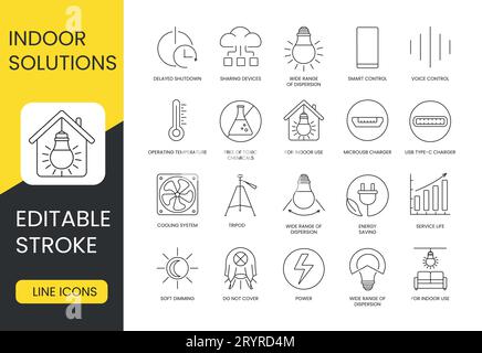 Lösungen für den Innenbereich, Satz von Liniensymbolen im Vektor, bearbeitbarer Hub, für den Inneneinsatz und die Lebensdauer sowie einen breiten Streubereich, energiesparend und weich Stock Vektor
