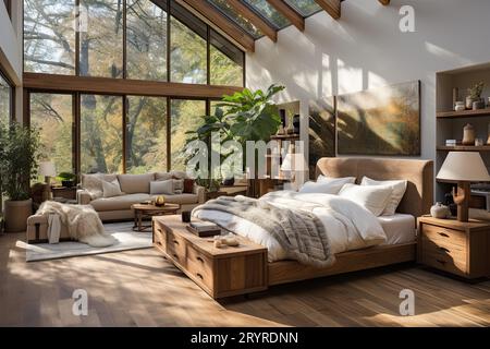 Ein geräumiges Schlafzimmer mit einem ordentlich gemachten Bett vor großen Fenstern, das eine ruhige Atmosphäre schafft Stockfoto