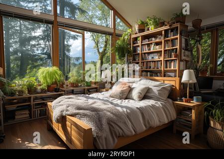 Ein modernes Schlafzimmer mit einem Bettgestell aus Holz, eingebauten Regalen und einer Vielzahl von Pflanzen auf einer Fensterbank, die von Tageslicht beleuchtet werden Stockfoto
