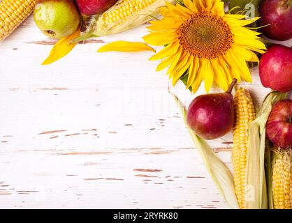 Herbsthintergrund mit Mais, Sonnenblumen und Birnen. Ernteurlaubskonzept Stockfoto