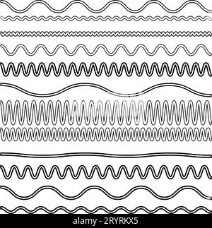 zick-Zack-schwarze Linien. Vektor-Zickzack-Linien und Wellen, Squiggle wellige Linien Rahmen mit einem Wackeln. Parallele Rahmen. Design der nahtlosen Wassergrafik. Stock Vektor
