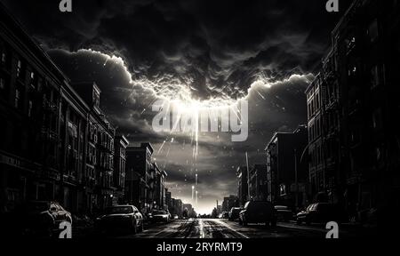 Ein Schwarzweiß-Foto eines intensiven Blitzes, der von einem dunklen und vorausdenkenden Himmel herabfällt Stockfoto